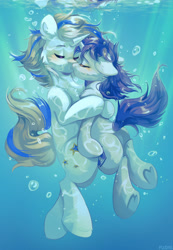 Size: 1280x1854 | Tagged: safe, artist:pledus, derpibooru import, oc, oc only, pony, unicorn, blushing, bubble, chest fluff, crepuscular rays, digital art, duo, eyes closed, female, flowing mane, flowing tail, horn, hug, kissing, male, mare, ocean, shipping, signature, stallion, stallion oc, sunlight, tail, underwater, water