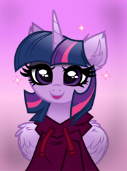 Size: 1076x1447 | Tagged: safe, artist:confetticakez, artist:lincolnbrewsterfan, derpibooru exclusive, derpibooru import, twilight sparkle, twilight sparkle (alicorn), alicorn, pony, .svg available, bust, clothes, colored sketch, cute, drawstrings, ear fluff, ears, female, folded wings, gradient background, highlights, hoodie, inkscape, looking at you, mare, portrait, simple background, sketch, smiling, smiling at you, solo, sparkles, special, stars, svg, twiabetes, vector, vector trace, wing fluff, wings
