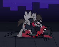 Size: 2611x2059 | Tagged: safe, artist:lightningbolt, derpibooru exclusive, derpibooru import, part of a set, bat pony, pegasus, pony, undead, vampire, vampony, .svg available, bat wings, cheek fluff, chin fluff, city, clothes, duo, duo male, ear fluff, ears, eyeliner, fall out boy, fangs, folded wings, frown, glasses, grin, happy, hoof fluff, jacket, leg fluff, looking at each other, looking at someone, lying down, makeup, male, messy mane, mikey way, my chemical romance, night, night sky, on back, outdoors, pete wentz, ponified, raised hoof, raised leg, scarf, shocked, sidewalk, sky, slit eyes, smiling, species swap, spread wings, stallion, standing, svg, tail, tail feathers, vector, wing fluff, wings