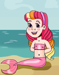 Size: 547x693 | Tagged: safe, artist:ocean lover, derpibooru import, oc, oc only, oc:honeycrisp blossom, human, mermaid, adorable face, bandeau, bare shoulders, beach, belly, belly button, bikini, bikini top, blush lines, blushing, cheerful, child, clothes, cloud, cute, fins, fish tail, freckles, friendly, hairband, happy, human coloration, humanized, innocent, light skin, looking at you, mermaid tail, mermaidized, mermay, midriff, ms paint, multicolored hair, ocean, offspring, open mouth, open smile, outdoors, parent:big macintosh, parent:princess cadance, parents:cadmac, purple eyes, sand, sitting, sky, sleeveless, smiling, smiling at you, species swap, strapless, swimsuit, tail, tail fin, water, wave