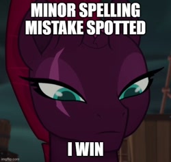 Size: 528x500 | Tagged: safe, derpibooru import, edit, edited screencap, editor:icicle-wicicle-1517, screencap, tempest shadow, pony, unicorn, my little pony: the movie, broken horn, caption, cropped, eye scar, facial scar, female, grammar nazi, horn, image macro, imgflip, mare, meme, scar, solo, text