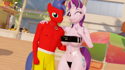 Size: 3840x2160 | Tagged: safe, artist:marianokun, derpibooru import, starlight glimmer, oc, oc:motown warriano, anthro, plantigrade anthro, unicorn, 3d, anthro oc, arm around back, beach, blender, breasts, canon x oc, clothes, commission, erect nipples, female, fist, gris swimsuit, happy, jewelry, male, male nipples, mare, necklace, nipple outline, nipples, nudity, one eye closed, palm tree, partial nudity, shipping, smiling, smug smile, stallion, standing, summer, swimming trunks, swimsuit, tree, umbrella, wink, ych result