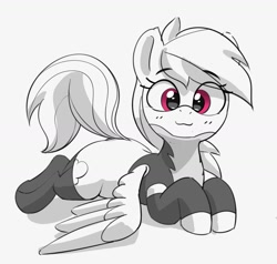 Size: 1200x1141 | Tagged: safe, artist:pabbley, derpibooru import, rainbow dash, pegasus, pony, :3, black and white, blushing, clothes, cute, dashabetes, eye clipping through hair, eyebrows, eyebrows visible through hair, female, grayscale, latex, latex socks, looking at you, lying down, mare, monochrome, partial color, prone, raised tail, simple background, smiling, smiling at you, socks, solo, sploot, stockings, tail, thigh highs, uniform, white background, wonderbolts uniform