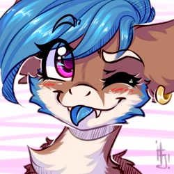 Size: 1200x1200 | Tagged: safe, artist:falafeljake, derpibooru import, oc, oc:lissy fluffball, blue mane, bust, chest fluff, cute, ear fluff, ear piercing, ears, looking at you, one eye closed, piercing, pink eyes, portrait, tongue, tongue out, wink, winking at you