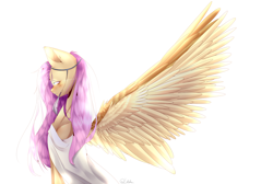 Size: 5000x3350 | Tagged: safe, artist:mynameislele, derpibooru import, fluttershy, pegasus, pony, clothes, profile, simple background, solo, spread wings, white background, wings