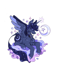 Size: 1280x1714 | Tagged: safe, artist:regenko, derpibooru import, princess luna, alicorn, pony, alternate hairstyle, leonine tail, moon, redesign, simple background, solo, spread wings, tail, transparent background, wings