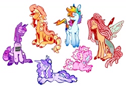 Size: 1280x868 | Tagged: safe, artist:regenko, derpibooru import, applejack, fluttershy, pinkie pie, rainbow dash, rarity, twilight sparkle, butterfly, earth pony, hybrid, pegasus, pony, unicorn, bowtie, braid, braided pigtails, butterfly pony, butterfly wings, clothes, cowboy hat, dreadlocks, glasses, hat, mane six, pigtails, redesign, saddle, simple background, sweater, tack, white background, wings