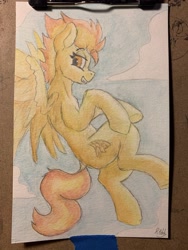 Size: 2986x3981 | Tagged: safe, artist:reddthebat, derpibooru import, spitfire, pegasus, pony, female, flying, grin, lidded eyes, looking at you, mare, smiling, smiling at you, solo, spread wings, traditional art, watercolor painting, wings