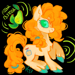 Size: 1111x1111 | Tagged: safe, artist:sillyfillies, derpibooru import, pear butter, earth pony, pony, black background, colored hooves, food, freckles, green eyes, pear, simple background, solo