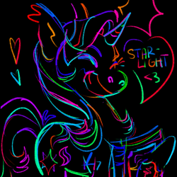 Size: 1111x1111 | Tagged: safe, artist:sillyfillies, derpibooru import, starlight glimmer, pony, unicorn, black background, eyes closed, heart, rainbow colors, simple background, smiling, solo