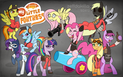 Size: 8000x5000 | Tagged: safe, artist:zeffdakilla, derpibooru import, applejack, berry punch, berryshine, derpy hooves, fluttershy, pinkie pie, rainbow dash, rarity, spitfire, twilight sparkle, unicorn twilight, alicorn, earth pony, pegasus, pony, unicorn, alcohol, bandage, beanie, bipedal, bullet, bullet belt, carrying, clothes, crossover, demoman, derp, engiejack, engineer, flamethrower, fluttermedic, flying, gas mask, gloves, grenade, hard hat, hat, headphones, heavy, heavy weapons guy, hoof on chest, jacket, logo, looking at you, looking sideways, mask, medi gun, medic, open mouth, party cannon, pyro, rainbow scout, raised arm, raised hoof, raised leg, rarispy, scared, scout, sitting, smiling, sniper, soldier, spread wings, spy, standing, suit, team fortress 2, twilight sniper, vest, weapon, wings, yelling