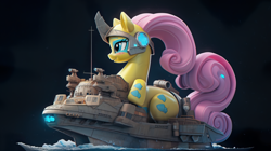 Size: 1911x1071 | Tagged: safe, ai content, derpibooru import, machine learning generated, fluttershy, boat, boat pony, solo