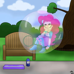Size: 894x894 | Tagged: safe, artist:super4geek, derpibooru import, pinkie pie, human, equestria girls, bubble, bubble solution, bubble wand, female, in bubble, pinkie being pinkie, soap bubble, solo