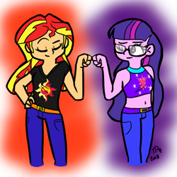Size: 1000x1000 | Tagged: safe, artist:super4geek, derpibooru import, sci-twi, sunset shimmer, twilight sparkle, equestria girls, abstract background, duo, duo female, female, fist bump, lesbian, scitwishimmer, shipping, sunsetsparkle