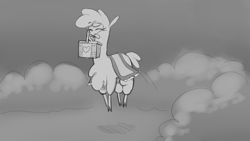 Size: 1920x1080 | Tagged: safe, artist:hitsuji, derpibooru import, paprika paca, them's fightin' herds, basket, cloven hooves, community related, grayscale, happy, jumping, monochrome, mouth hold, picnic basket