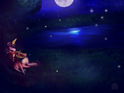 Size: 2857x2161 | Tagged: safe, artist:11-shadow, derpibooru import, oc, pegasus, pony, unicorn, duo, female, grass, levitation, magic, male, mare, moon, musical instrument, night, scenery, stallion, stars, telekinesis, trumpet