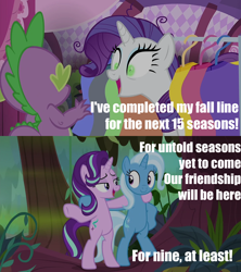 Size: 1200x1350 | Tagged: safe, derpibooru import, edit, edited screencap, editor:incredibubbleirishguy, screencap, rarity, spike, starlight glimmer, trixie, inspiration manifestation, road to friendship, season 4, season 8, bipedal, caption, expectation vs reality, image macro, inspirarity, possessed, quote, text