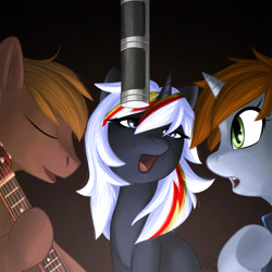 Size: 1280x1280 | Tagged: safe, artist:didj, derpibooru import, oc, oc only, oc:calamity, oc:littlepip, oc:velvet remedy, pegasus, pony, unicorn, fallout equestria, guitar, microphone, musical instrument, playing instrument, singing