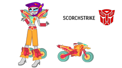 Size: 1823x1024 | Tagged: safe, artist:jrshinkansenhorse, derpibooru exclusive, derpibooru import, oc, oc:scorchstrike, equestria girls, friendship games, autobot, crossover, cybertronian, friendship games outfit, motocross, motocross outfit, motorcross, motorcycle, simple background, transformers, transparent background, tri-cross relay outfit