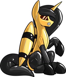 Size: 1691x1980 | Tagged: safe, artist:fv0003, derpibooru import, oc, oc only, alicorn, pony, bodysuit, clothes, gas mask, latex, latex suit, mask, rubber drone, simple background, solo, white background