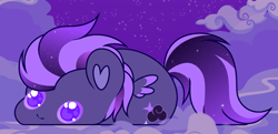 Size: 2187x1057 | Tagged: safe, artist:vi45, derpibooru import, oc, oc only, oc:shadow galaxy, pegasus, pony, adorable face, bean, c:, cloud, commission, cute, ethereal mane, female, looking at you, mare, night, night sky, sky, small wings, smiling, smol, solo, staring into your soul, starry mane, starry tail, stars, tail, wings