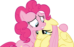 Size: 1149x737 | Tagged: safe, derpibooru import, edit, edited screencap, editor:incredibubbleirishguy, screencap, fluttershy, pinkie pie, earth pony, pegasus, pony, the mean 6, background removed, comforting, crying, duo, duo female, female, fluttercry, mare, simple background, teary eyes, transparent background