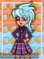Size: 768x1024 | Tagged: safe, artist:rainbowstarcolour262, derpibooru import, part of a series, part of a set, frosty orange, human, series:equ wallpapers, equestria girls, friendship games, abstract background, background human, bowtie, clothes, crystal prep academy uniform, crystal prep shadowbolts, cute, cutie mark background, female, hand on hip, happy, open mouth, plaid skirt, pleated skirt, school uniform, shirt, signature, skirt, smiling, solo