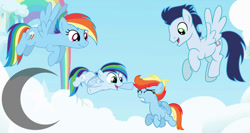 Size: 1225x652 | Tagged: safe, artist:pastelnightyt, derpibooru import, rainbow dash, soarin', oc, oc:prism bolt, oc:rainbow storm, pegasus, pony, colt, female, filly, flying, foal, male, mare, offspring, parent:rainbow dash, parent:soarin', parents:soarindash, shipping, soarindash, stallion, straight