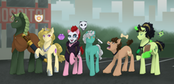 Size: 4453x2176 | Tagged: safe, artist:mylittlesheepy, derpibooru import, oc, oc only, earth pony, pony, unicorn, behaving like a dog, city, pipbuck, road, sword, weapon