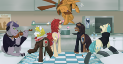 Size: 4802x2519 | Tagged: safe, artist:mylittlesheepy, derpibooru import, oc, oc only, diamond dog, earth pony, pegasus, pony, cooking, cute, fan, kitchen, musical instrument, sleeping, smiling, violin