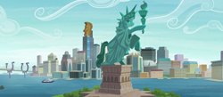 Size: 1400x611 | Tagged: safe, derpibooru import, edit, edited screencap, editor:incredibubbleirishguy, screencap, the gift of the maud pie, boat, building, city, cityscape, composite screencap, manehattan, manhattan, new york city, panorama, ship, statue of liberty