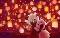 Size: 900x571 | Tagged: safe, artist:namiwami, derpibooru import, oc, oc only, pegasus, pony, unicorn, couple, happiness, lake, lantern, lights, night, paper lantern, romance, tangled (disney), water