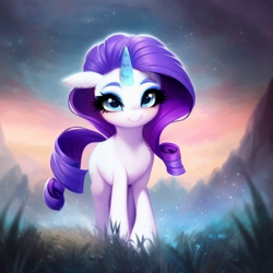 Size: 512x512 | Tagged: safe, ai content, derpibooru import, generator:purplesmart.ai, generator:stable diffusion, machine learning assisted, machine learning generated, rarity, pony, unicorn, beautiful eyes, big eyes, blue eyes, blushing, cute, ear fluff, ears, flower, fluffy, forest, grass, magic, prompter:saltyvity, purple hair, sky, solo, sparkles, sunset