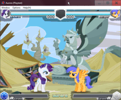 Size: 642x532 | Tagged: safe, derpibooru import, screencap, derpy hooves, rarity, fighting is magic, animated, fight, fighting is magic aurora, game, game screencap, griffonstone