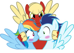 Size: 1059x754 | Tagged: safe, artist:the-nuclear-pegasus, derpibooru import, rainbow dash, soarin', oc, pegasus, pony, blushing, female, male, mare, now kiss, shipper on deck, shipping, simple background, soarindash, stallion, straight, white background