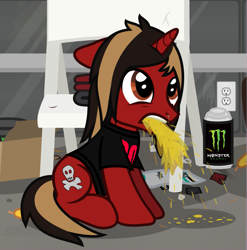 Size: 1229x1245 | Tagged: safe, artist:lightningbolt, derpibooru exclusive, derpibooru import, pony, unicorn, .svg available, all time low, chair, clothes, dyed mane, dyed tail, ears back, folding chair, horn, indoors, jack barakat, male, outlet, ponified, shirt, show accurate, sitting, sofa, solo, species swap, stallion, svg, t-shirt, tail, vector, vomit, vomiting