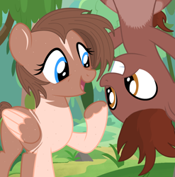 Size: 2000x2022 | Tagged: safe, artist:ghostpikachu, derpibooru import, oc, oc only, oc:autumn rosewood, oc:clara, pegasus, pony, base used, colored wings, cute, duo, female, forest, laughing, male, mare, ocbetes, outdoors, pegasus oc, smiling, stallion, two toned coat, two toned wings, upside down, wings