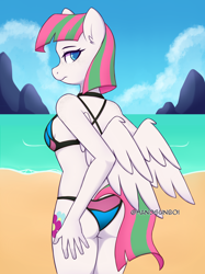 Size: 2048x2731 | Tagged: safe, artist:handgunboi, derpibooru import, blossomforth, anthro, pegasus, ass, beach, bikini, breasts, butt, butt touch, clothes, commission, female, hand on butt, looking at you, looking back, looking back at you, looking over shoulder, mare, rear view, reasonably sized breasts, sand, solo, swimsuit