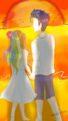 Size: 600x1067 | Tagged: safe, artist:sirdashieyandere, derpibooru import, rainbow dash, soarin', human, beach, date, female, holding hands, male, romantic, shipping, soarindash, straight, sunset