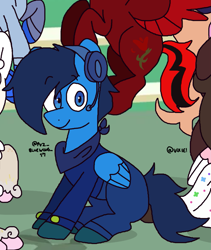 Size: 1169x1383 | Tagged: safe, artist:mercury may, derpibooru import, oc, oc only, oc:bluewing, pegasus, pony, blue coat, blue eyes, blue mane, boots, clothes, cropped, headphones, ponyville, shoes, wings