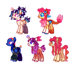 Size: 1280x1166 | Tagged: safe, artist:infectedorcas, derpibooru import, oc, oc only, oc:clam shell, oc:diamond ruff, oc:june bug, oc:prism dash, oc:veronica sparkle, alicorn, earth pony, hybrid, pegasus, pony, unicorn, alicorn oc, base used, choker, clothes, coat markings, colored wings, colored wingtips, earth pony oc, female, freckles, fronw, horn, interspecies offspring, jacket, magical lesbian spawn, mare, next generation, offspring, parent:applejack, parent:big macintosh, parent:flash sentry, parent:fluttershy, parent:pinkie pie, parent:princess skystar, parent:rainbow dash, parent:rarity, parent:soarin', parent:twilight sparkle, parents:flashlight, parents:fluttermac, parents:rarijack, parents:skypie, parents:soarindash, pegasus oc, simple background, smiling, socks (coat marking), stockings, thigh highs, transparent background, unicorn oc, unshorn fetlocks, wings