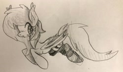 Size: 3394x1984 | Tagged: safe, artist:muffinz, derpibooru import, oc, oc only, oc:lunar saintly, bat pony, bat pony oc, clothes, disguise, disguised changeling, female, flying, mare, monochrome, socks, solo, striped socks, traditional art