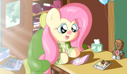 Size: 4709x2750 | Tagged: safe, artist:sparkfler85, derpibooru exclusive, derpibooru import, fluttershy, pegasus, pony, balloon, clothes, cold, cute, cutie mark on clothes, female, fluttershy's cottage, gamershy, get well card, get well soon, happy, implied applejack, implied pinkie pie, implied rainbow dash, implied rarity, implied twilight sparkle, nintendo, nintendo ds, nintendo dsi, nintendogs, open mouth, open smile, pajamas, parody, playing video games, plushie, present, red nosed, shyabetes, sick, sitting, smiling, solo, stylus, teddy bear, tissue box, video game