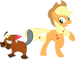 Size: 3569x2856 | Tagged: safe, artist:porygon2z, derpibooru import, applejack, beaver, earth pony, pony, angry beavers, applebutt, butt, daggett doofus beaver, duo, female, happy, high tail, male, mare, plot, simple background, smiling, tail, tail slap, transparent background