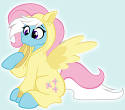 Size: 3600x3172 | Tagged: safe, artist:feather_bloom, derpibooru import, fluttershy, oc, oc:feather_bloom, pony, clothes, costume, fluttershy suit, kigurumi, onesie, simple background, solo