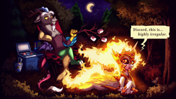 Size: 3840x2160 | Tagged: safe, artist:confetticakez, derpibooru import, daybreaker, discord, alicorn, draconequus, pony, 4k, arm behind back, campfire, camping, chair, commission, cooler, crescent moon, crossed hooves, daybreaker is not amused, dialogue, duo, duo male and female, female, fire, food, forest, high res, lawn chair, lying down, male, mare, marshmallow, moon, mundane utility, prone, roasted marshmallow, sitting, speech bubble, tree branch, unamused