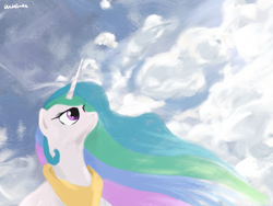 Size: 4000x3000 | Tagged: safe, artist:widelake, derpibooru import, princess celestia, alicorn, cloud, cloudy, looking up, oil painting, solo, traditional art