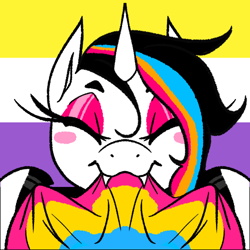 Size: 500x500 | Tagged: safe, artist:liechisenshi, derpibooru import, oc, oc only, oc:printer jam, pony, unicorn, blushing, commission, fangs, female, flag, mare, nonbinary pride flag, pansexual pride flag, pride, pride flag, solo, your character here