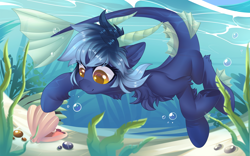 Size: 1920x1200 | Tagged: safe, artist:xvostik, derpibooru import, oc, oc only, hybrid, pony, air bubble, bubble, chest fluff, clam, commission, crepuscular rays, cute, digital art, female, fins, fish tail, flowing tail, golden eyes, horns, hybrid oc, mare, ocean, seashell, seaweed, smiling, solo, sunlight, swimming, tail, underwater, water, ych result