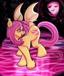 Size: 1714x2048 | Tagged: safe, artist:themeepbox, derpibooru import, fluttershy, bat, bat pony, pony, bat ponified, fangs, female, flutterbat, looking back, mare, race swap, solo, spread wings, wings